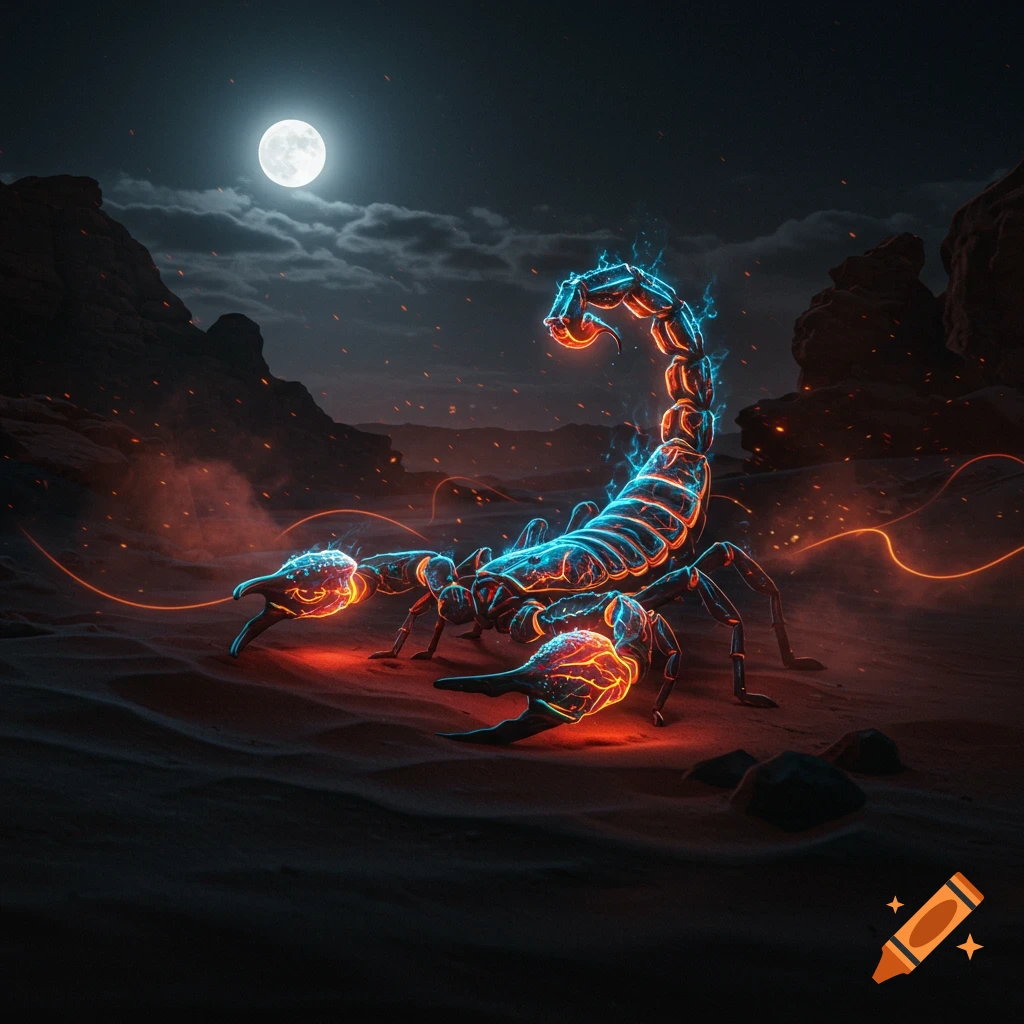 A glowing scorpion with blue and orange neon outlines and wisps of smoke stands on desert sand under a bright full moon at night.