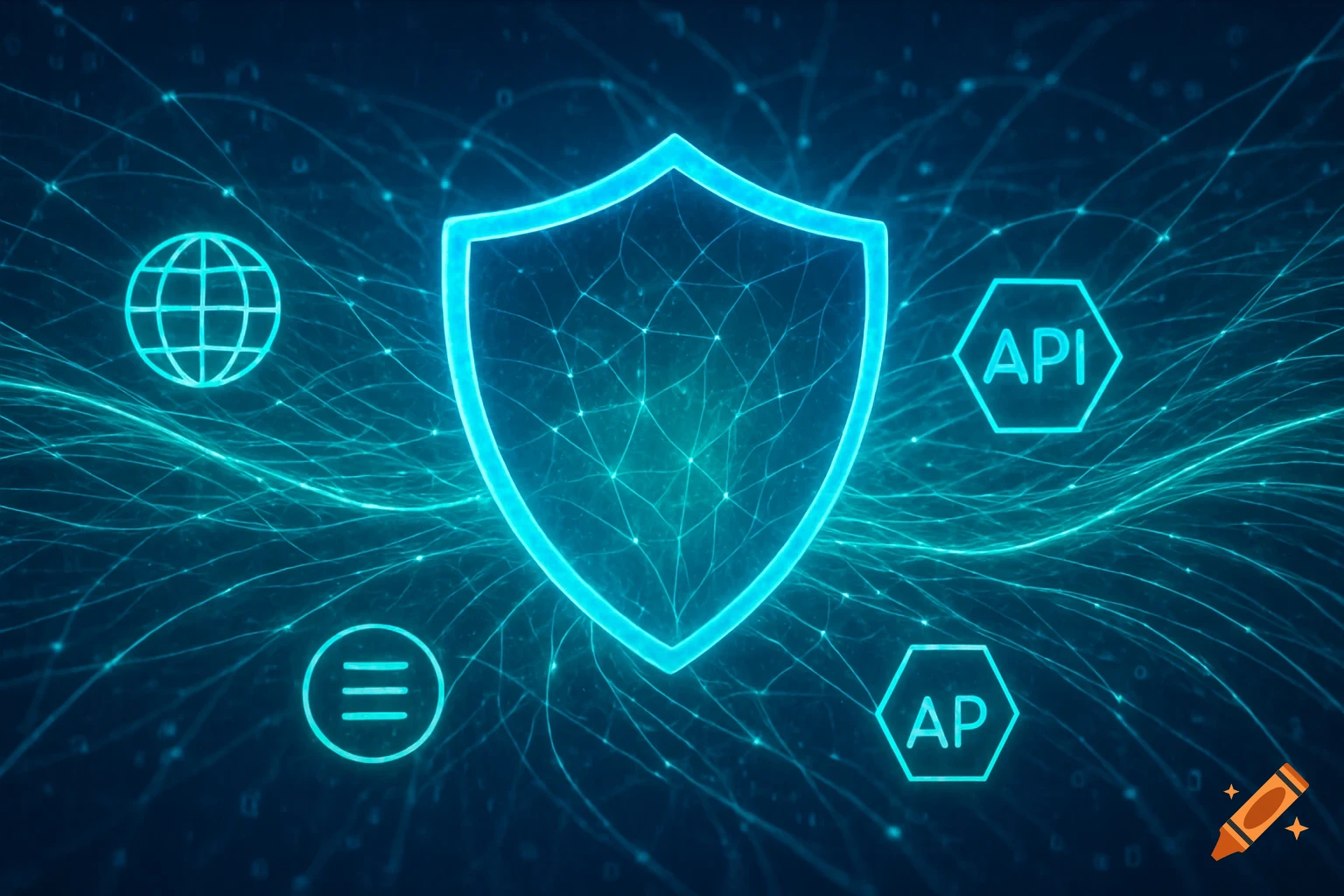 A glowing blue shield icon in the center, surrounded by interconnected lines and dots, with hexagonal icons labeled 'API' and 'AP', and a globe icon.