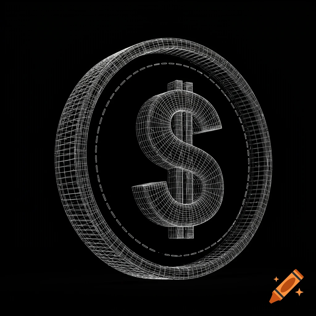 A 3D wireframe dollar coin with a dollar sign on a black background.
