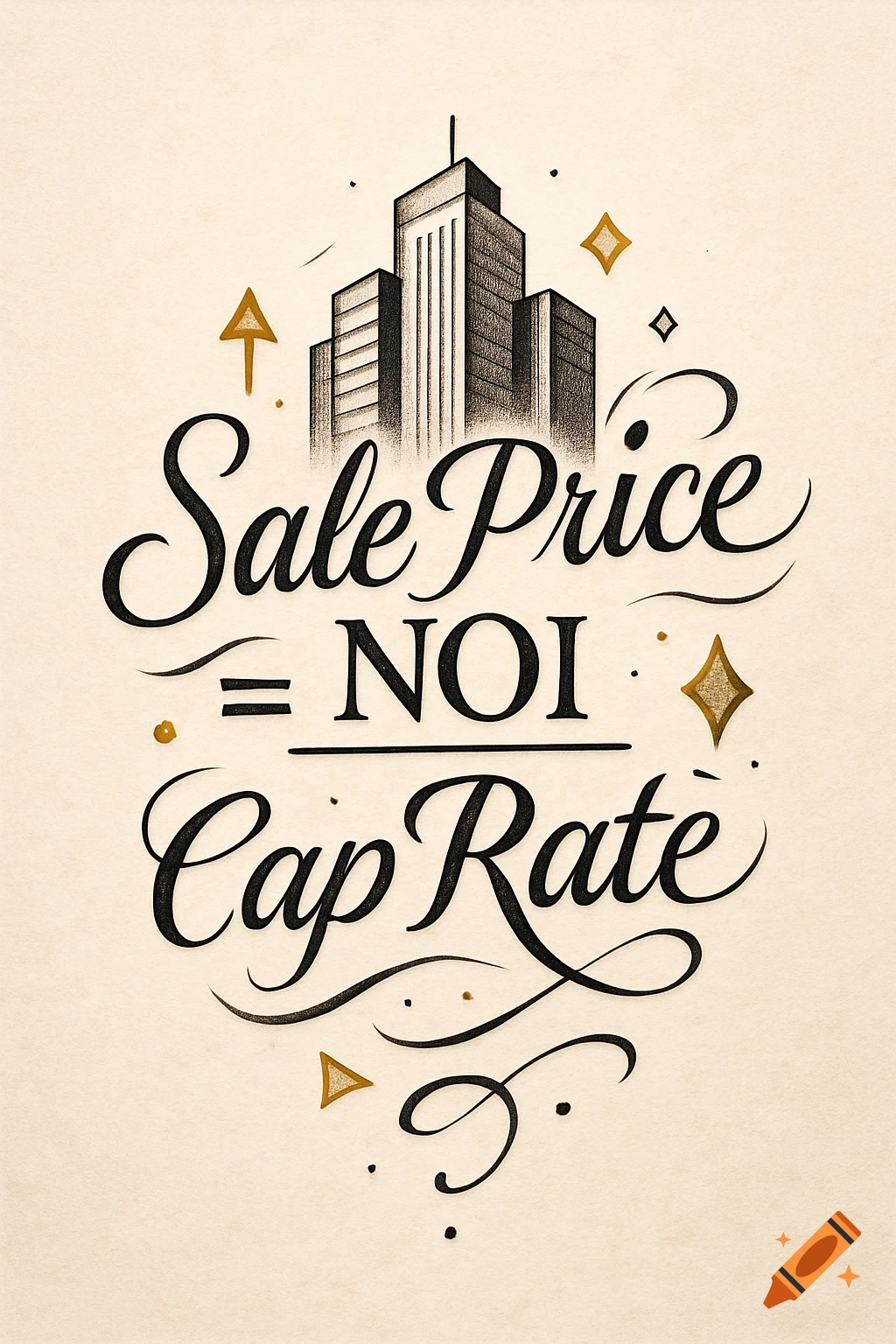 Stylized illustration of the financial equation 'Sale Price = NOI / Cap Rate' with city buildings and golden decorative elements on a textured background.