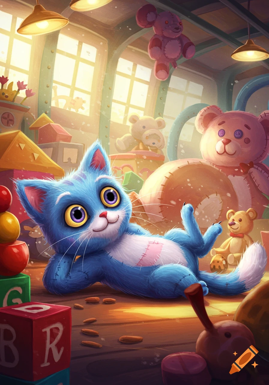 A blue cartoon cat with big yellow eyes lies among colorful toys like blocks and teddy bears in a sunny room. Whimsical illustration style.