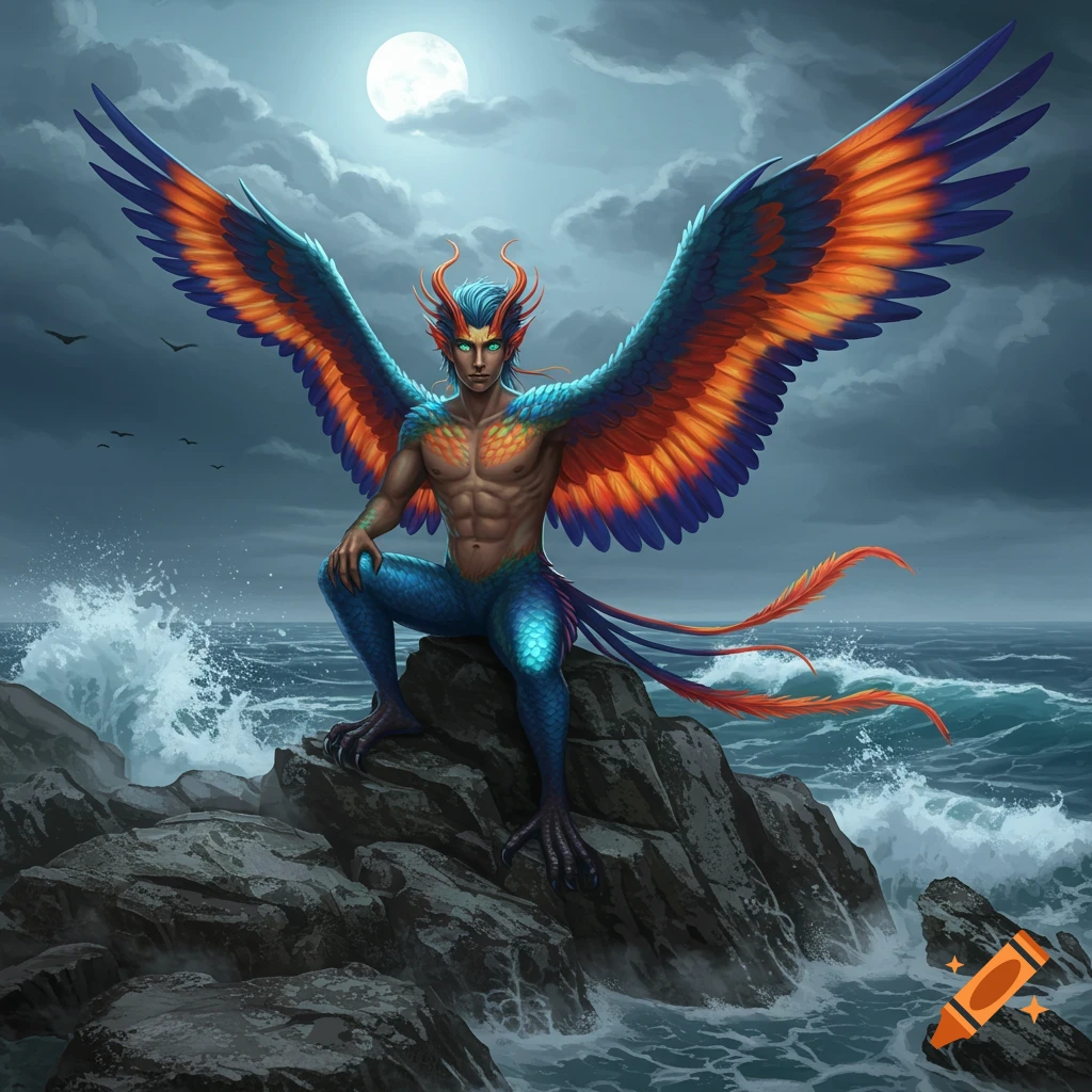 A vibrant bird-like male creature with blue and orange wings and scaled legs sits on dark rocks by a moonlit, stormy sea.