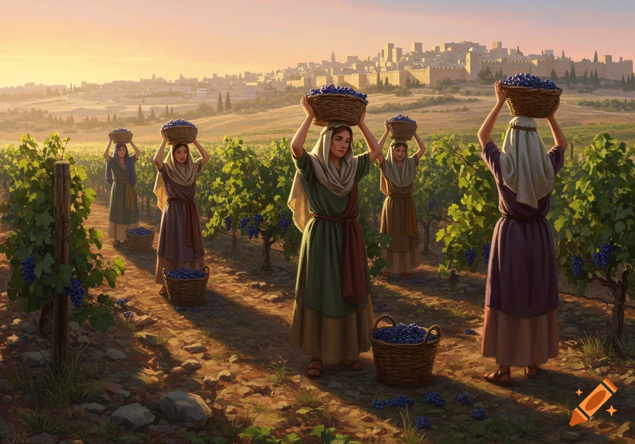 Women in ancient robes carry grape baskets in a sunlit vineyard, with a walled city in the background, digital painting.