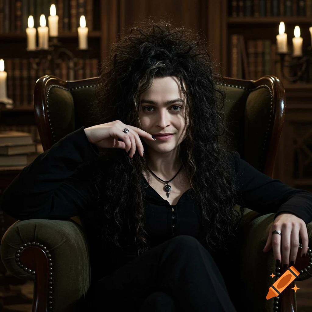 A photorealistic portrait of a woman resembling Bellatrix Lestrange with long, wild dark hair, sitting in a dark leather armchair in a dimly lit library, subtly smirking.
