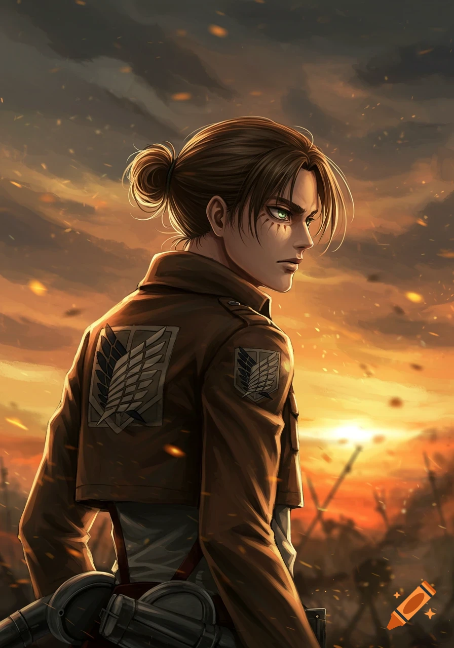 Eren Yeager in a brown Survey Corps jacket with his hair tied back, looking over his shoulder at a fiery sunset.