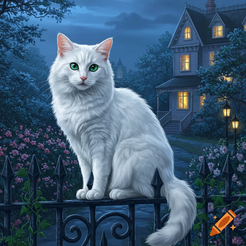 A fluffy white cat with bright green eyes sits on a black metal fence in a moonlit garden, with a large, illuminated house in the background.