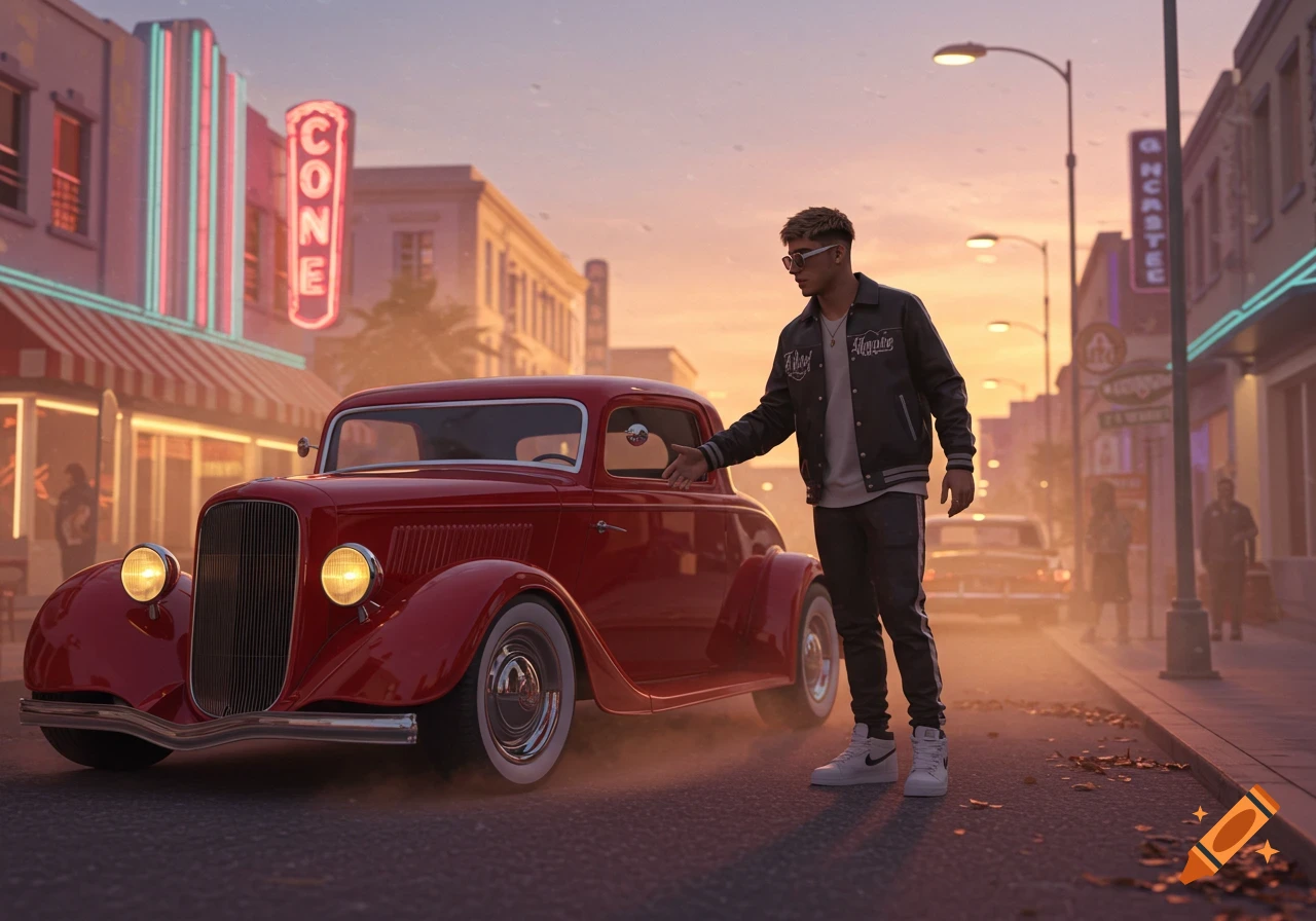 A man in a bomber jacket stands next to a red vintage hotrod on a city street at sunset, with neon signs.