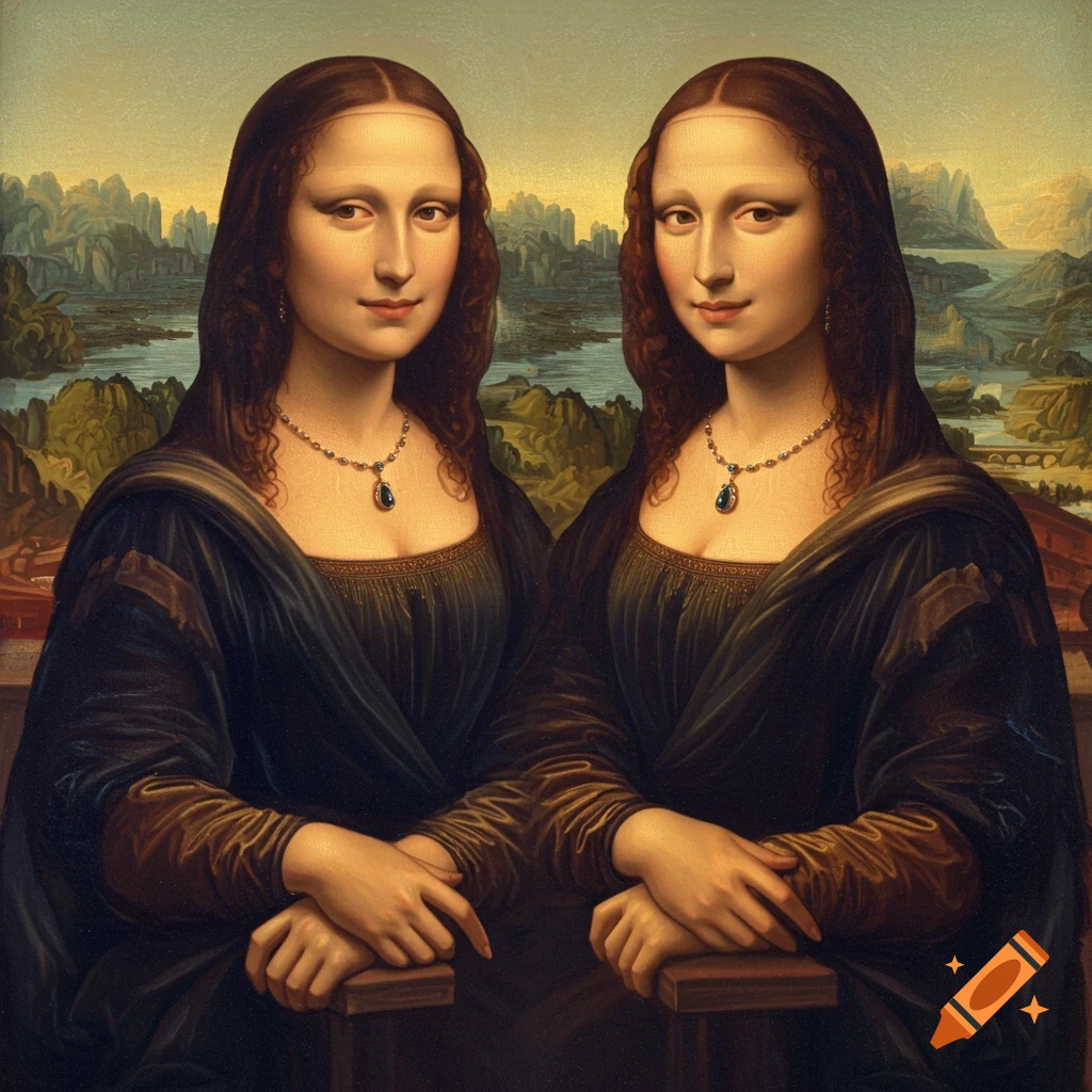 Two women resembling Mona Lisa, dressed in Renaissance attire, posed in front of a landscape.