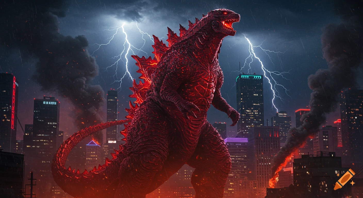 A giant red Godzilla stands in a city at night under a stormy sky with lightning, fires, and smoke. Photorealistic.