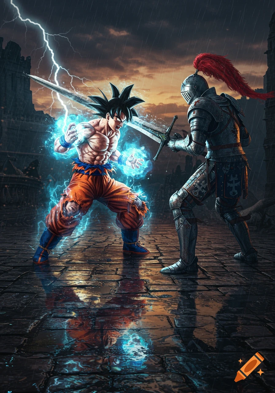 Goku, powered by blue energy, battles a medieval knight with a sword in a stormy, lightning-filled outdoor setting.