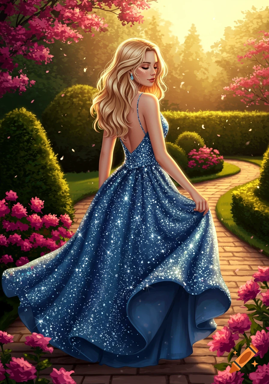 A blonde woman in a sparkling blue prom dress walks through a vibrant, sunlit garden with pink flowers.
