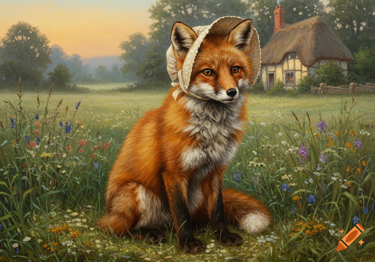 An oil painting of a cute fox in a bonnet, sitting in a wildflower field with a thatched cottage in the background.