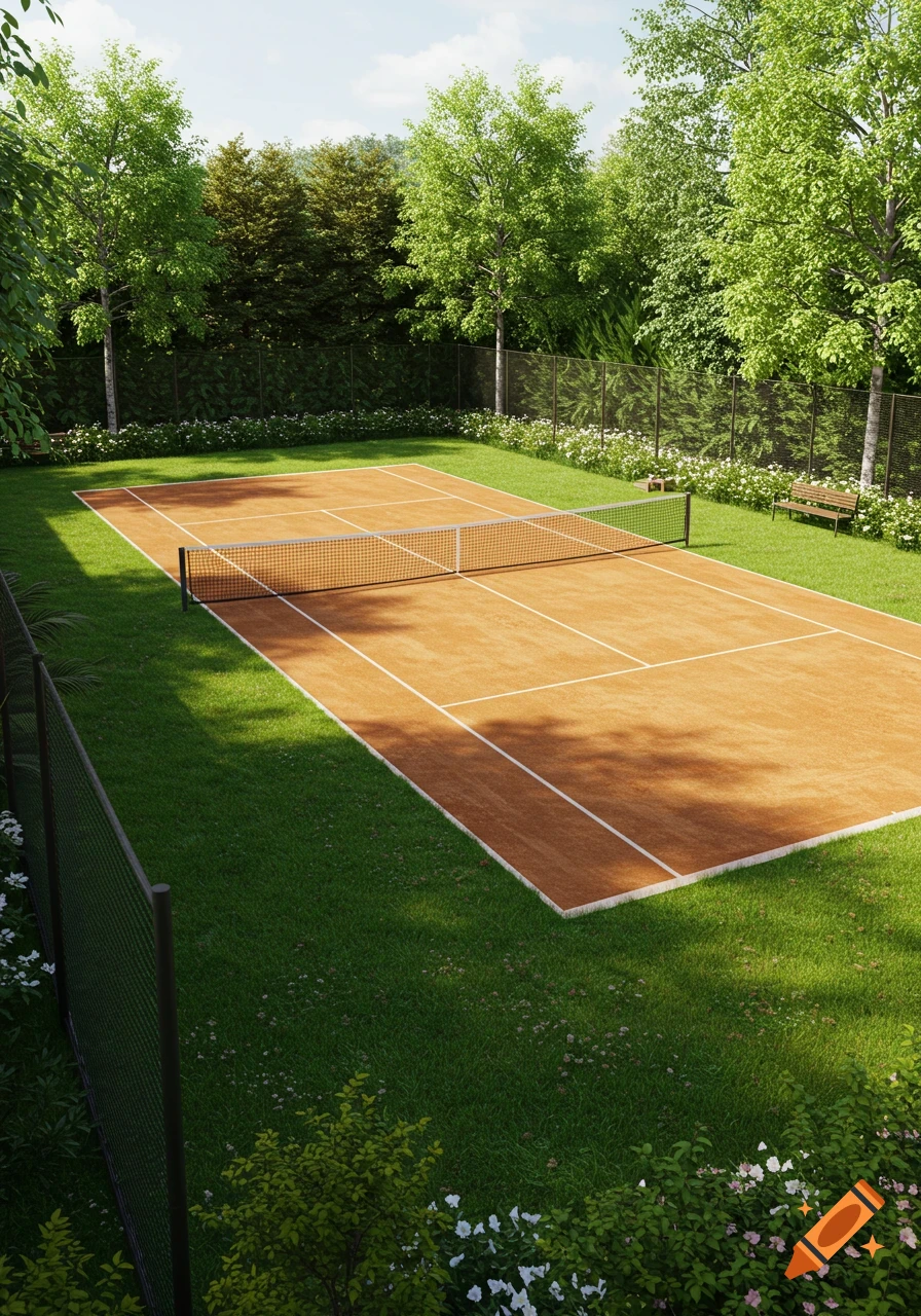 A photorealistic outdoor tennis court with a light brown clay surface, white lines, and a black net, surrounded by green grass, lush trees, and a fence.