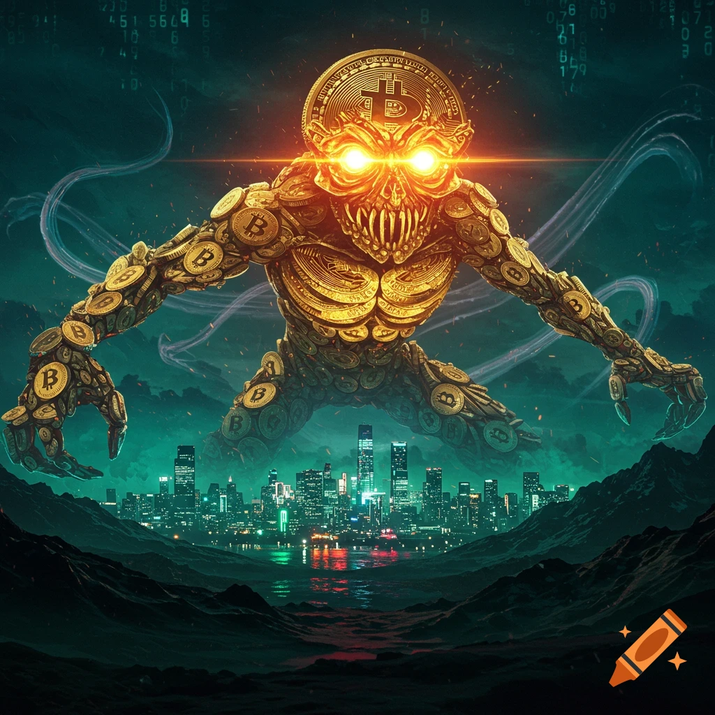 A fearsome monster made of golden Bitcoin coins with glowing eyes looms over a neon-lit city at night, with digital code in the background.