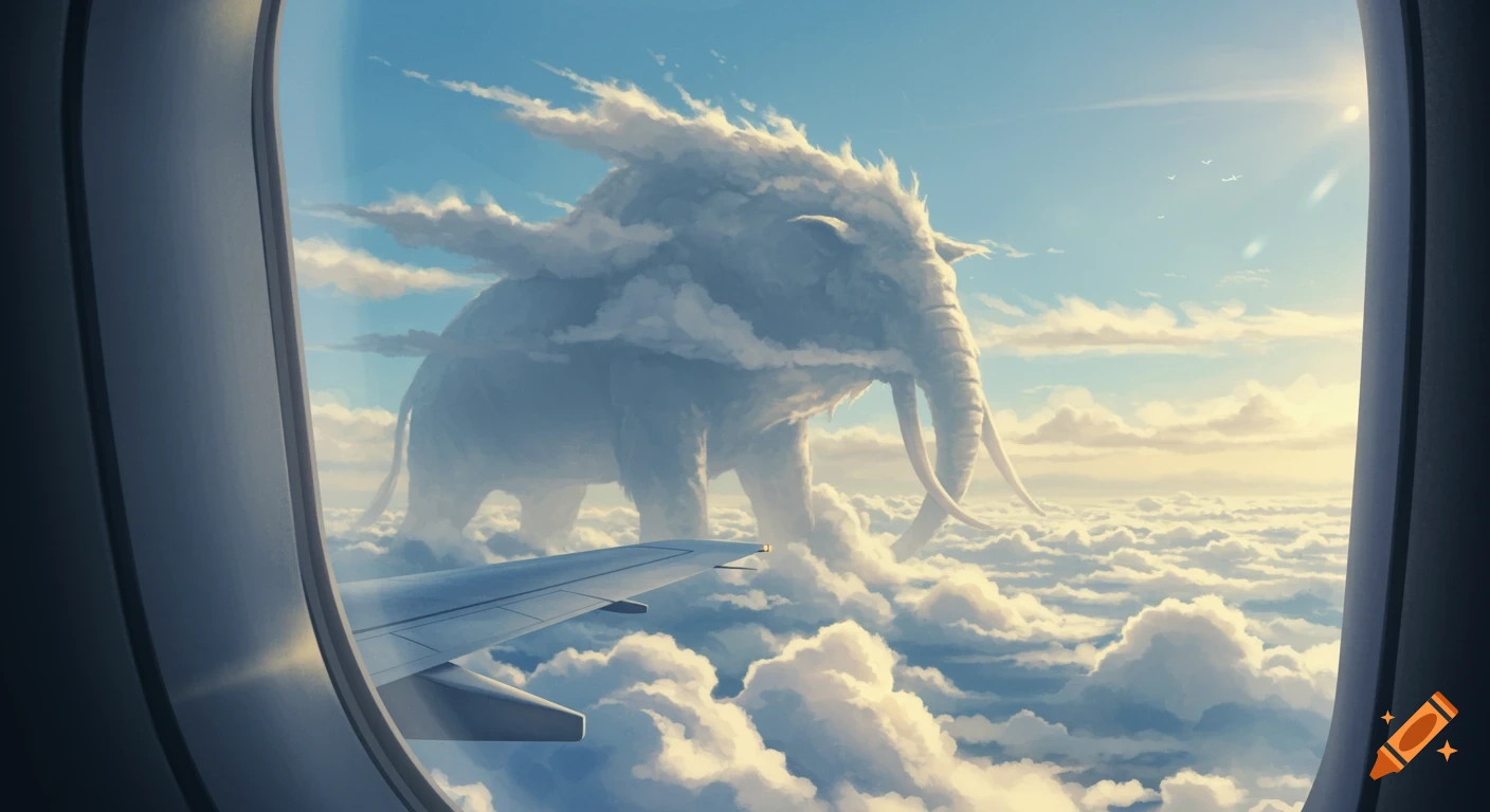 A giant cloud-like elephant seen from an airplane window, with the plane's wing visible above clouds in a blue sky.
