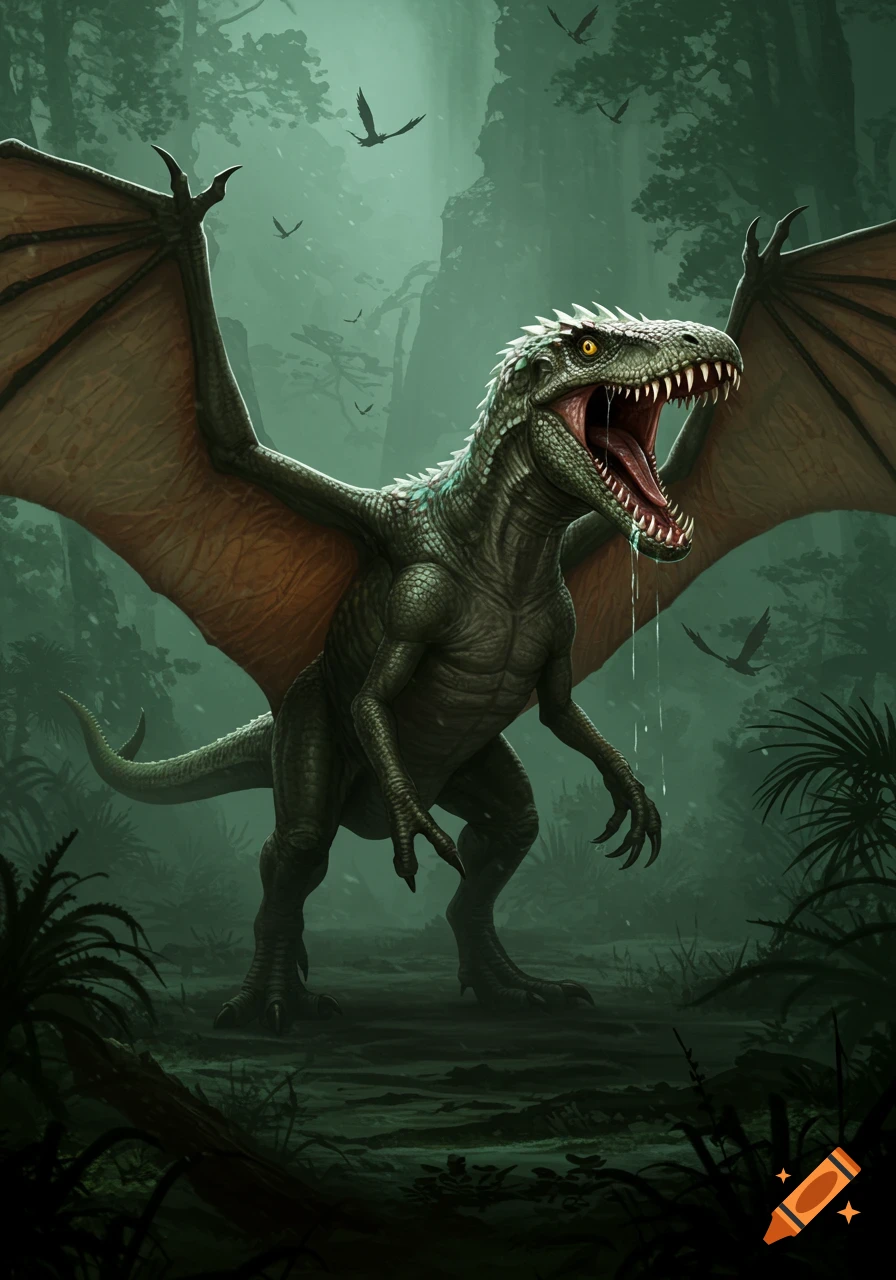A detailed illustration of a fierce, green, winged dinosaur-like creature with sharp teeth roaring in a dark, misty jungle.