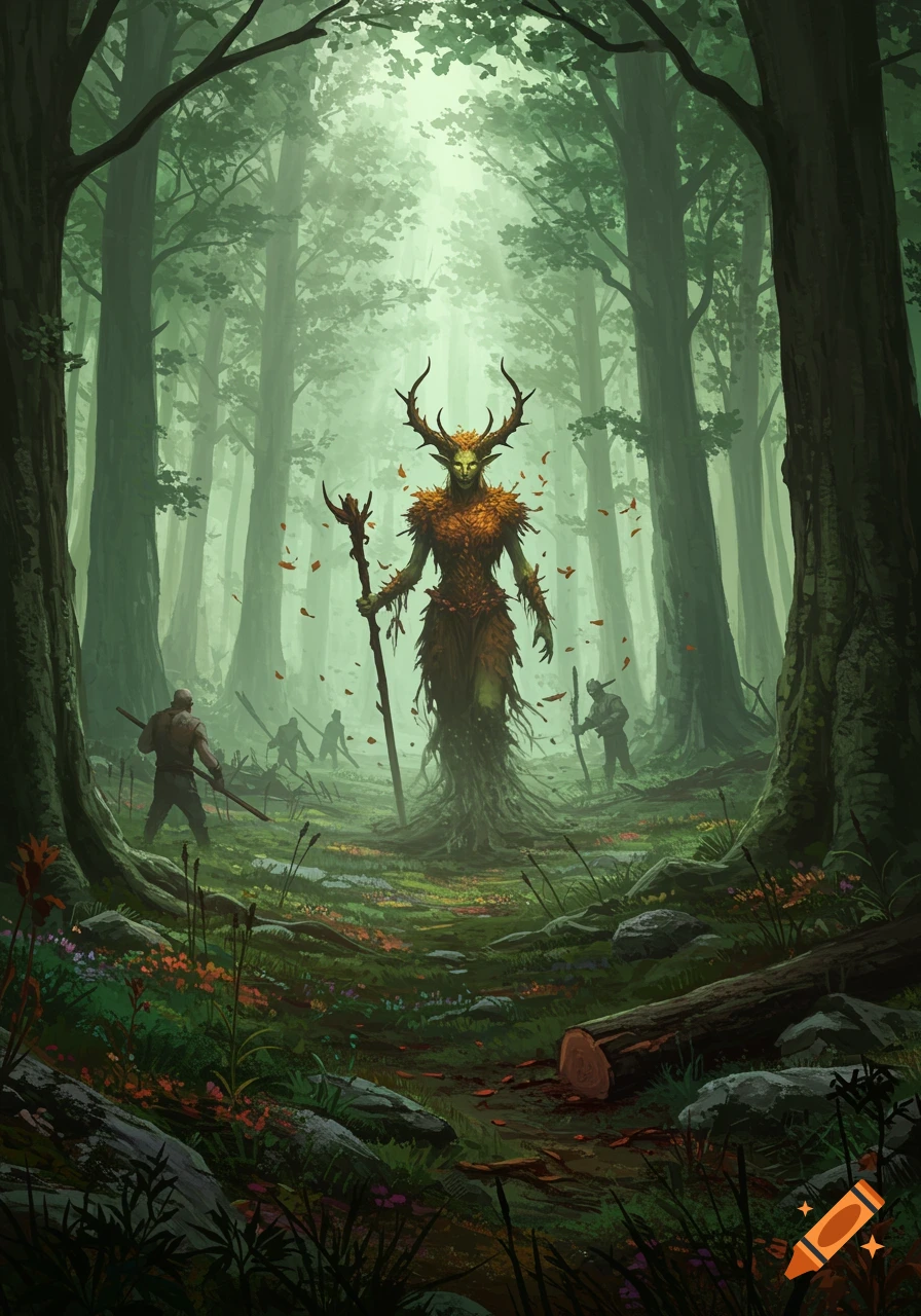 A large, antlered forest spirit made of leaves and roots stands with a staff in a misty, ancient forest, confronting human loggers.