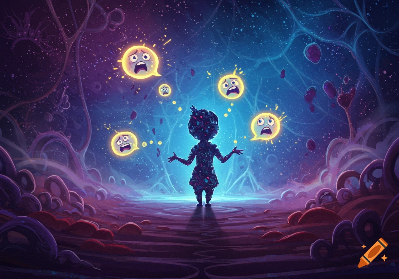 A silhouette character in a cosmic, organic landscape surrounded by glowing speech bubbles with scared cartoon faces. Stylized digital art.
