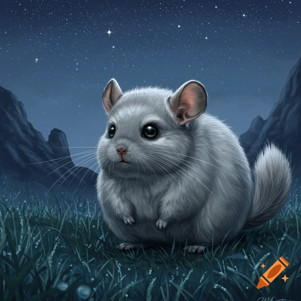 A fluffy grey chinchilla with large eyes sits in dark green grass under a starry night sky with mountains in the background.