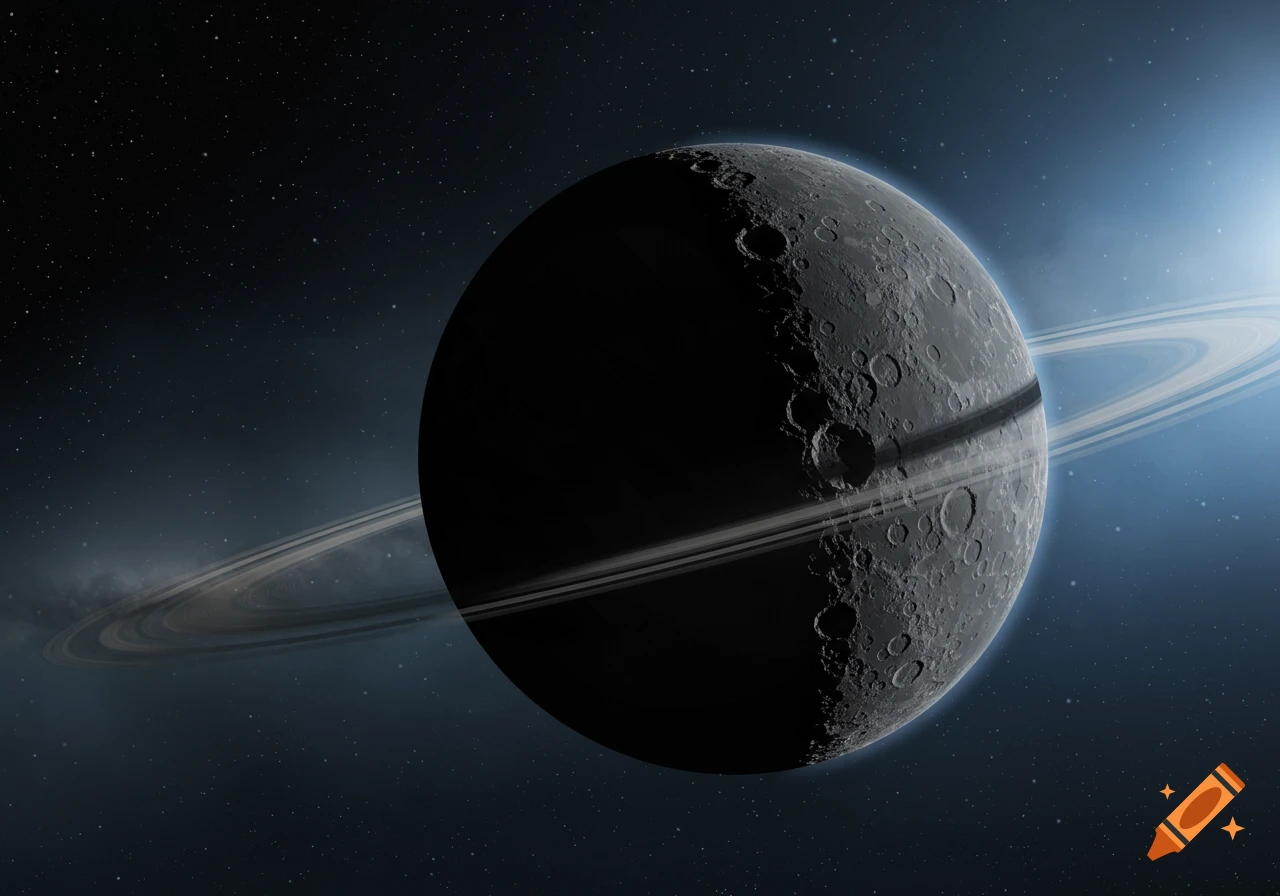 A dark, heavily cratered moon with a prominent ring system, illuminated by a distant light source, against a starry space background.