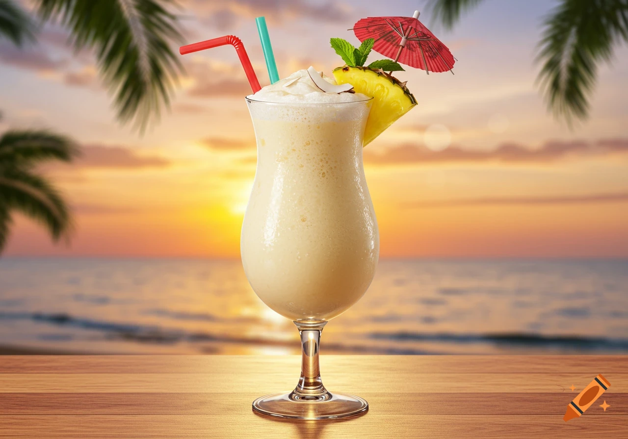 Photorealistic Pina Colada cocktail with pineapple, mint, straws, and umbrella on a wooden table, overlooking a sunset beach.