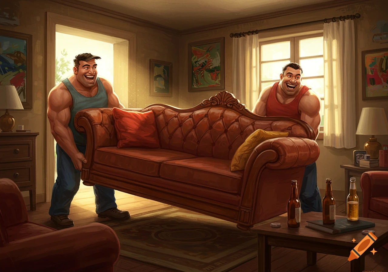 Two muscular men move a large brown sofa through a doorway in a sunlit living room, stylized illustration.