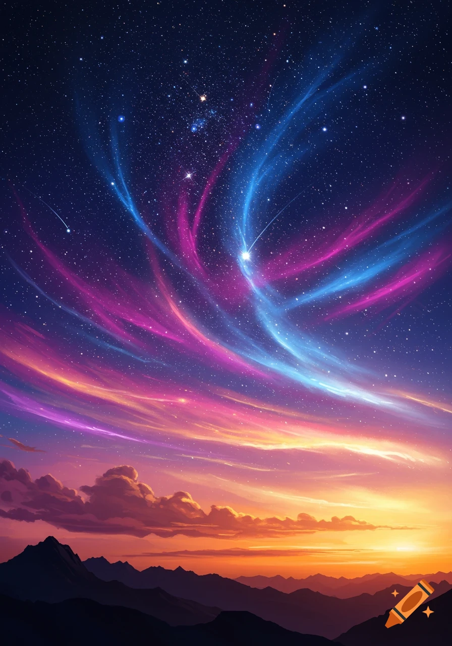 Vibrant night sky with swirling pink and blue starlight over a dark mountain range at sunset.