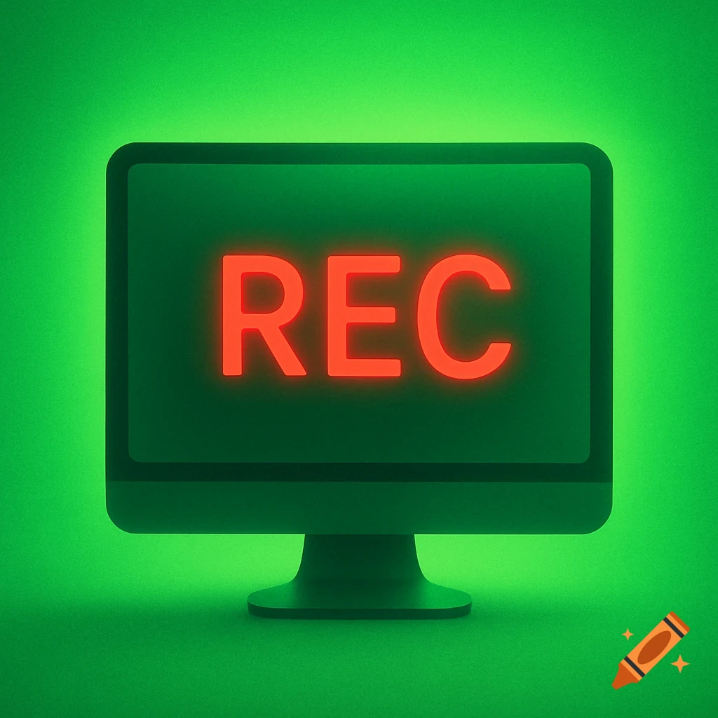 A computer monitor displaying a glowing red "REC" text on a dark green screen against a vibrant green background.