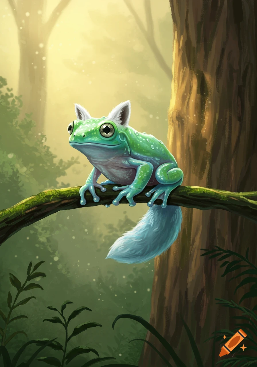 A whimsical green frog-like creature with white fox ears and a fluffy tail sits on a mossy tree branch in a sunlit forest.