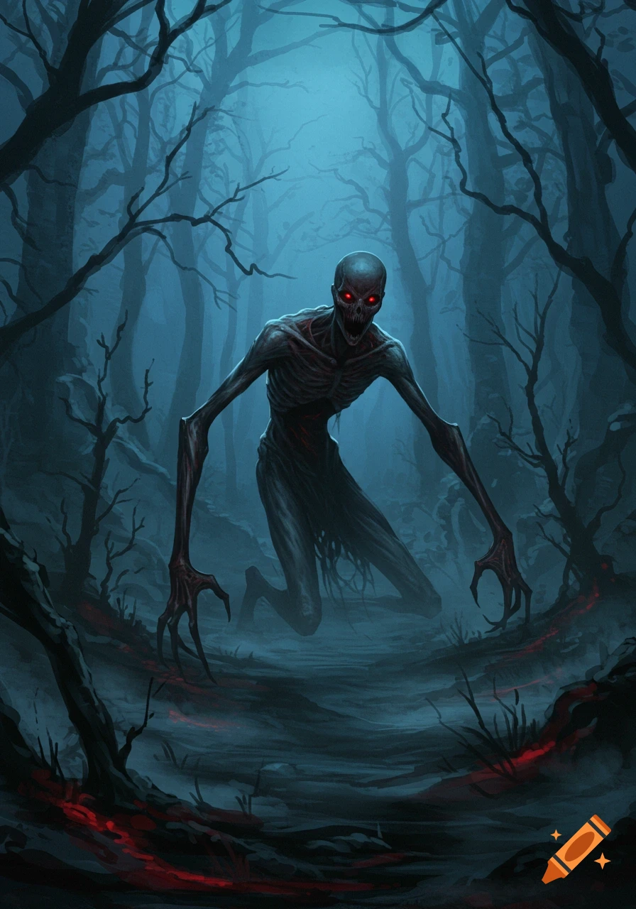 A horrifying skeletal creature with glowing red eyes stands in a dark, misty forest with red glowing paths.