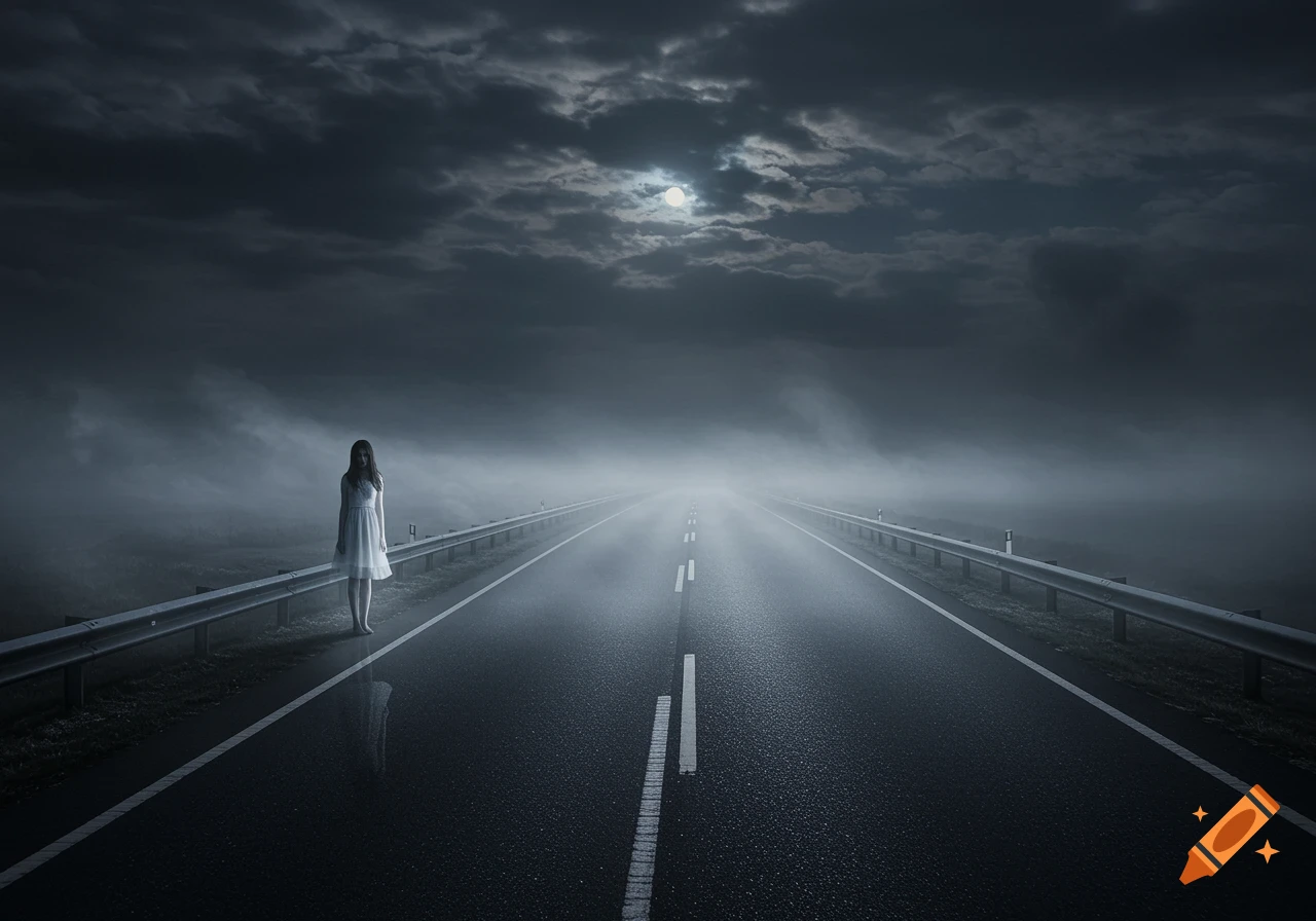 A young woman in a white dress stands on a foggy, dark highway at night, lit by a full moon through stormy clouds.
