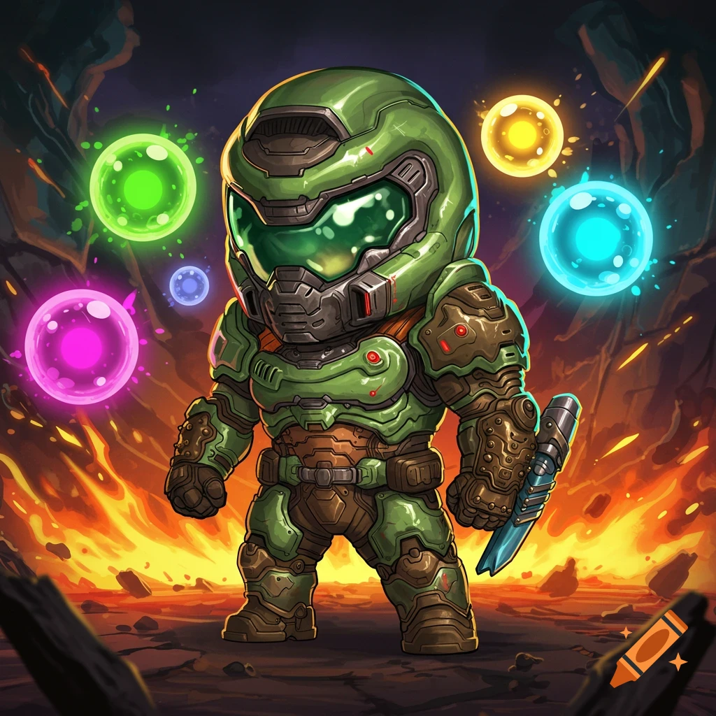 Chibi Doom Slayer in green armor with a knife, surrounded by colorful glowing orbs in a fiery, hellish landscape.