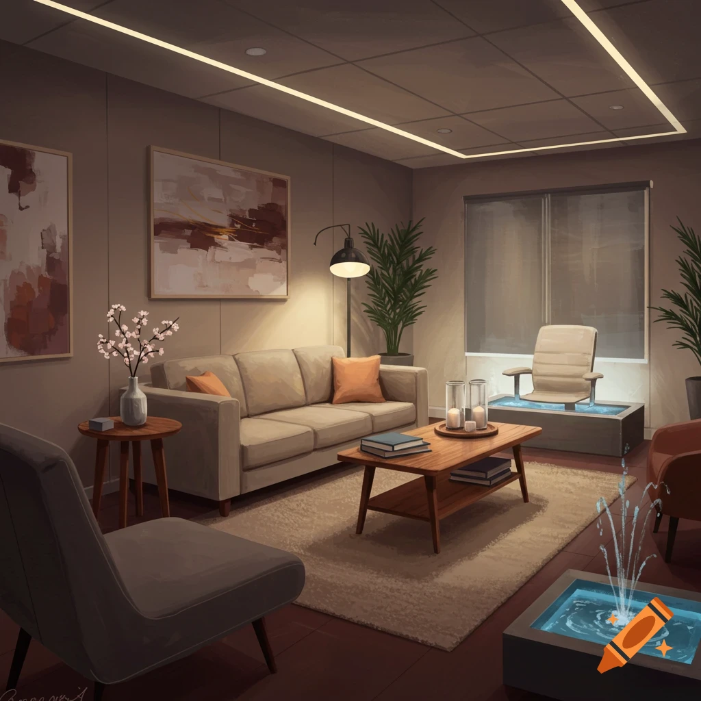 A modern, calm interior lounge with a beige sofa, wooden tables, plants, abstract art, and two decorative water fountains.