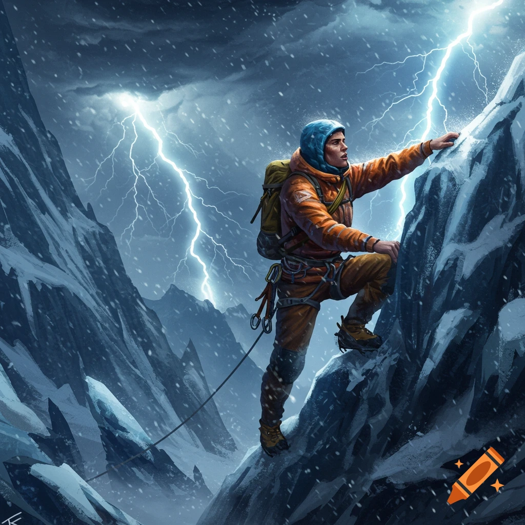 A person in climbing gear scales a snowy mountain during a lightning storm.