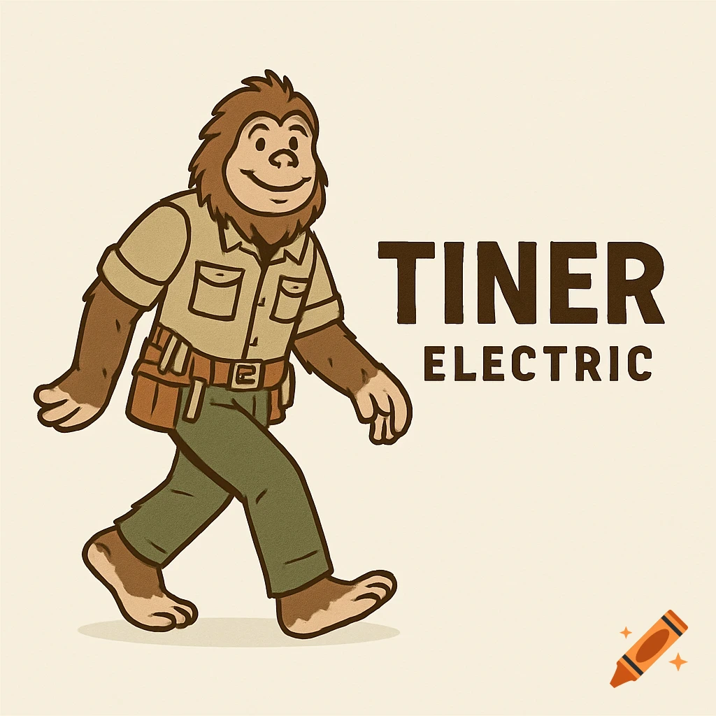 Cartoon logo of a friendly Sasquatch in an electrician's uniform walking, with 'TINER ELECTRIC' text.