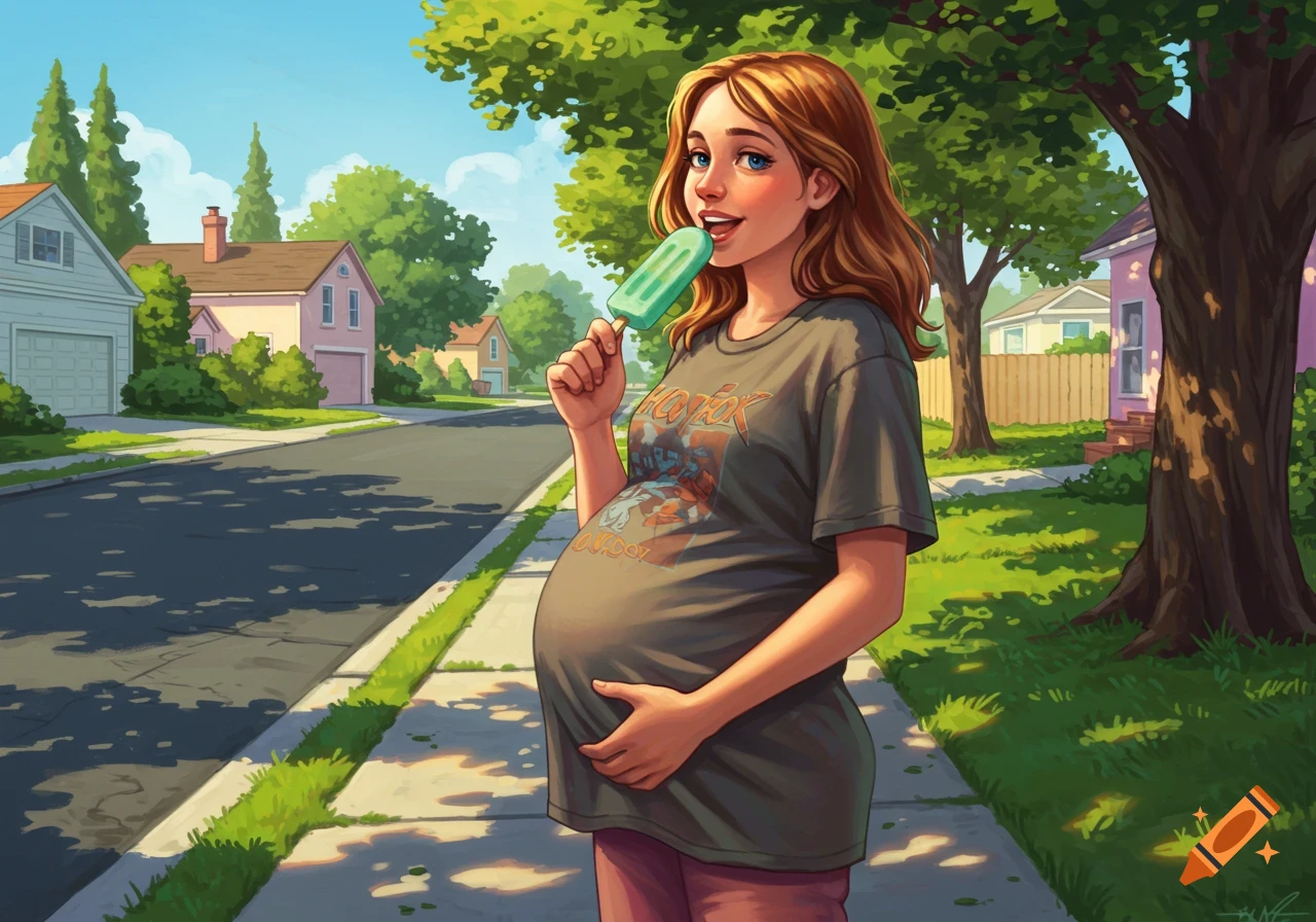 An illustrated pregnant woman with long red hair walks on a sunny suburban sidewalk, eating a green popsicle. She wears a grey t-shirt and holds her belly.