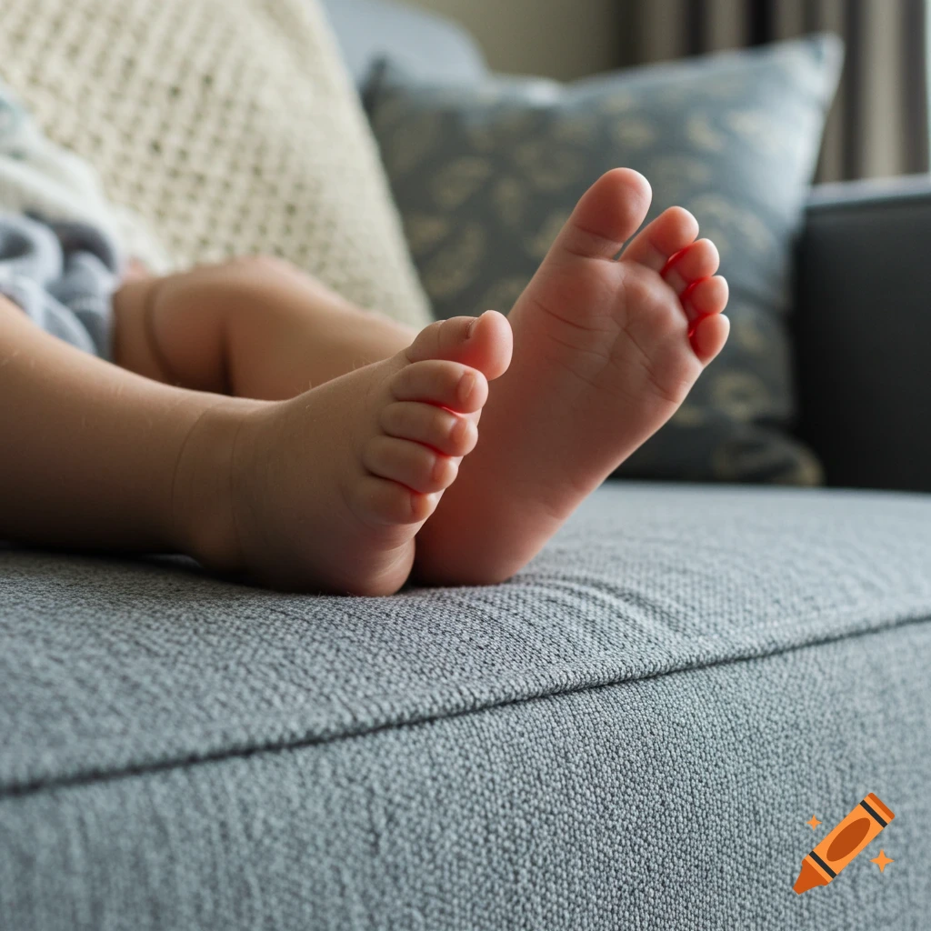 Close-up of a baby's feet resting on a grey couch, with blurred pillows in the background.