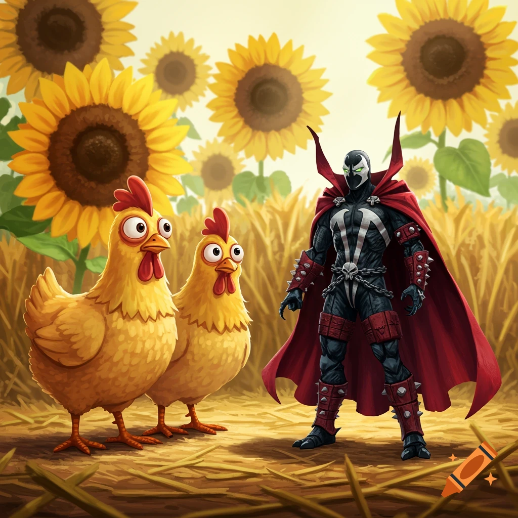 Two cartoon chickens with wide eyes stare at Spawn in a field of sunflowers.