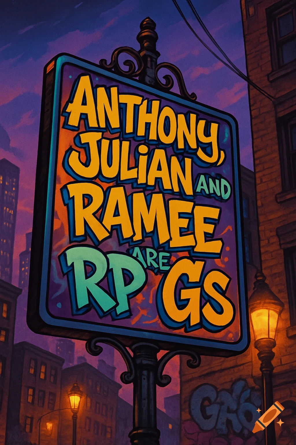 A colorful, stylized sign displaying 'Anthony Julian and Ramee are RP Gs' in an urban setting at dusk.