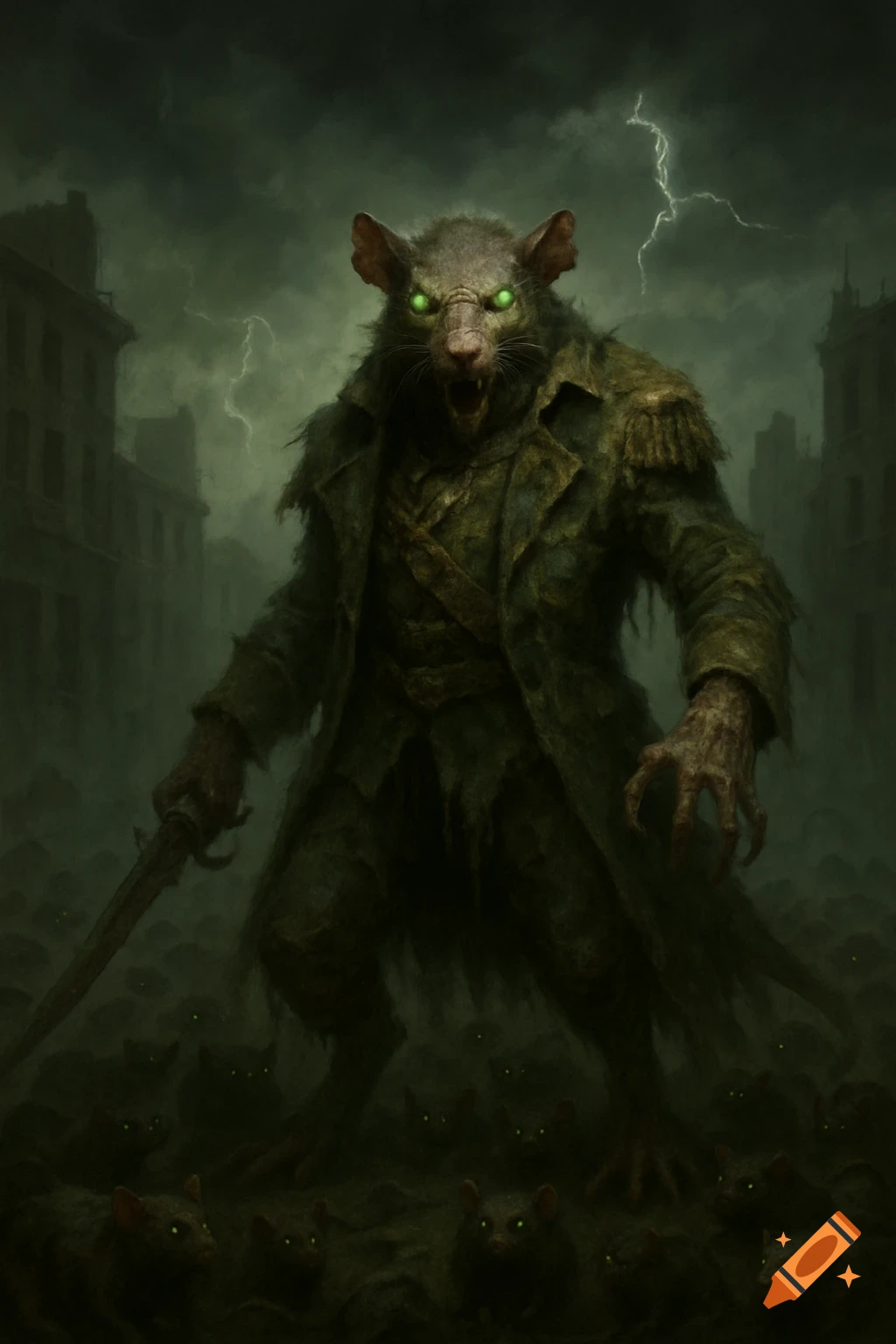 A monstrous humanoid rat general with glowing green eyes, wearing ragged clothes, stands amidst a horde of small glowing-eyed rats in a dark, stormy, ruined city.