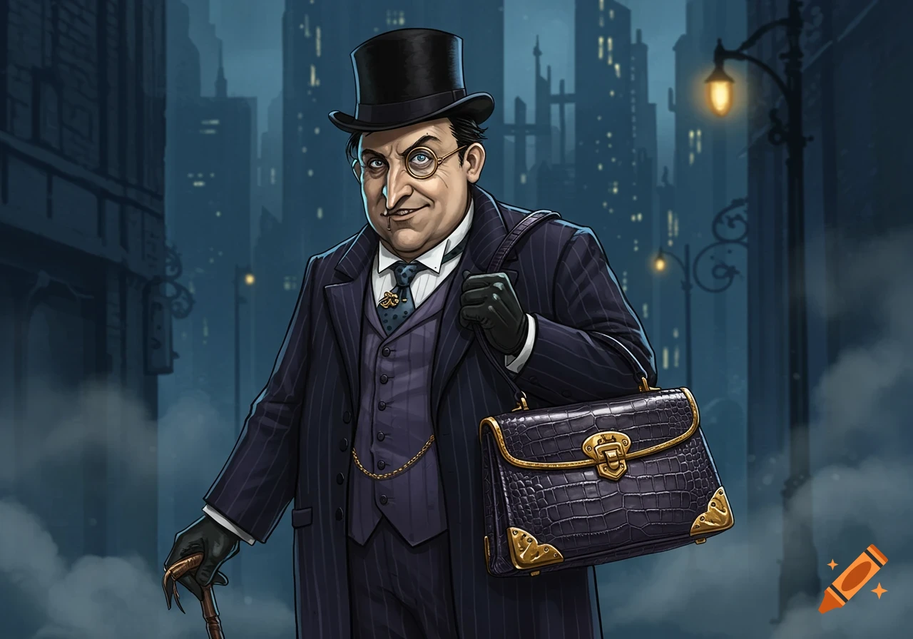 A cartoon illustration of Oswald Cobblepot, also known as the Penguin, wearing a top hat and pinstripe suit, holding a briefcase and cane in a dark city street.