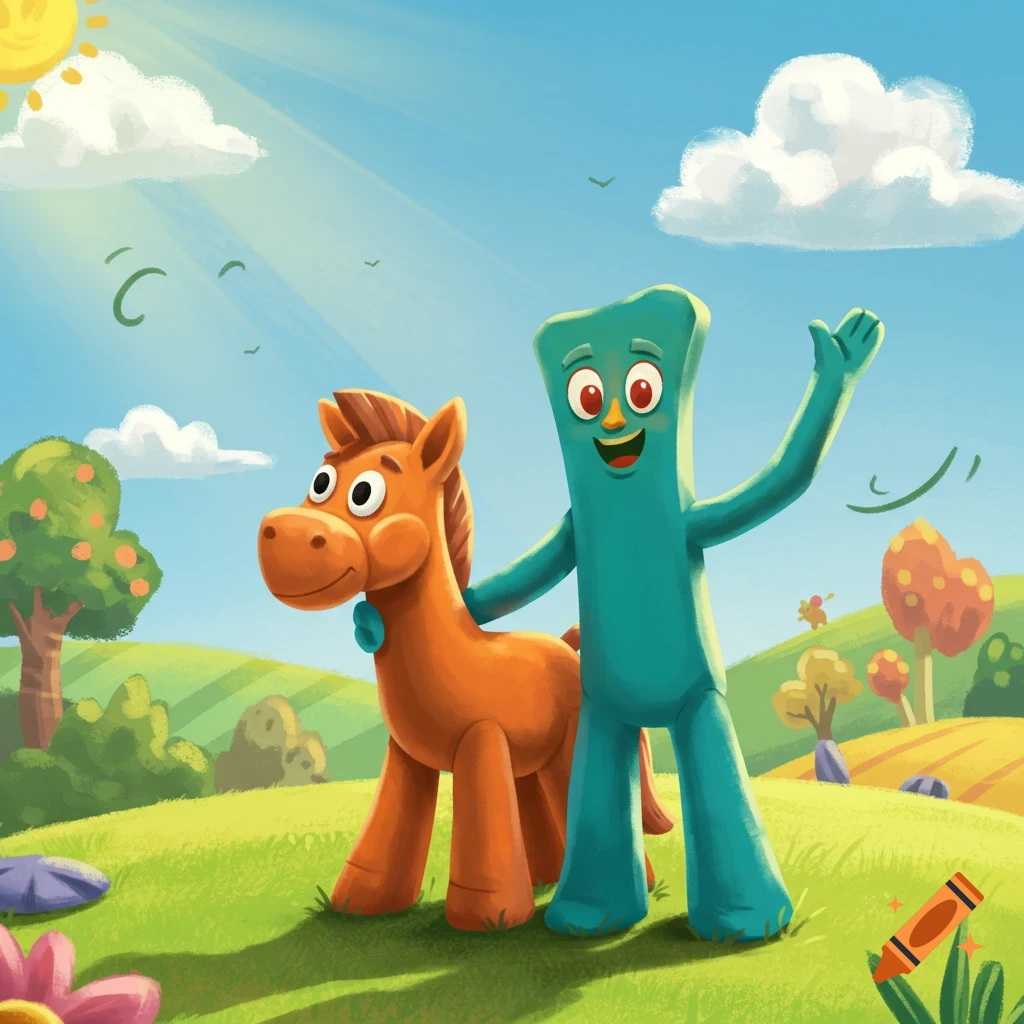 Gumby, a green clay figure, stands next to his orange horse pal Pokey in a sunny green field with blue sky and white clouds.