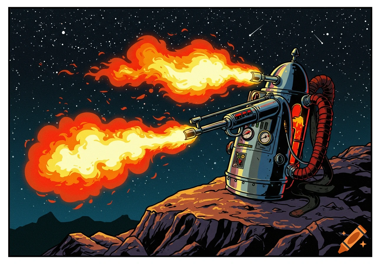 An atomic age robot flamethrower on a rocky cliff under a starry night sky, shooting flames in a comic book style.