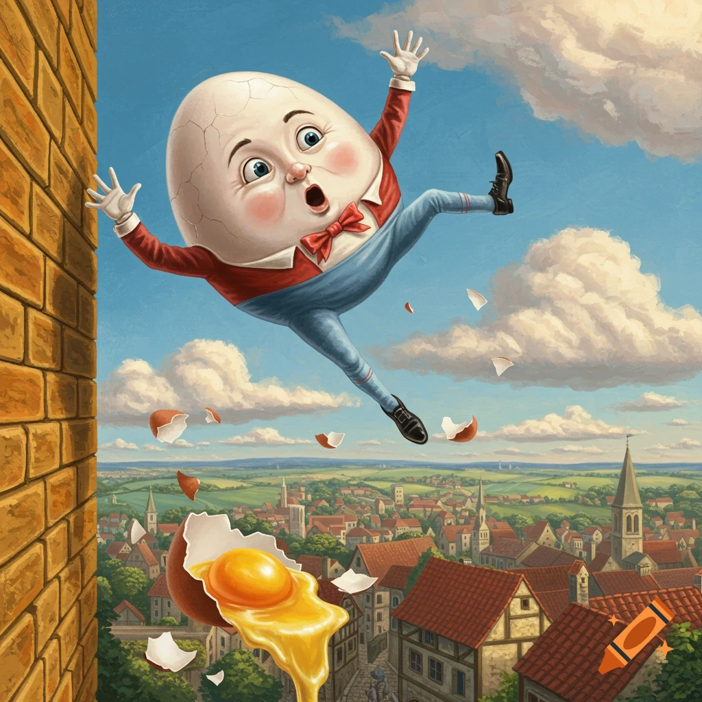 Humpty Dumpty, a cartoon egg character, falls from a brick wall, his shell breaking with yolk spilling, over a village cityscape in an illustrative style.