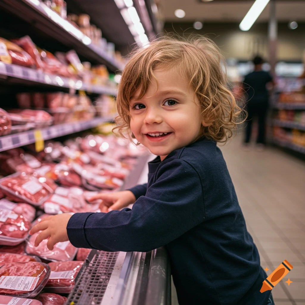 A smiling young child with wavy blonde hair leans on a meat display in a supermarket, looking at the camera. Photorealistic.