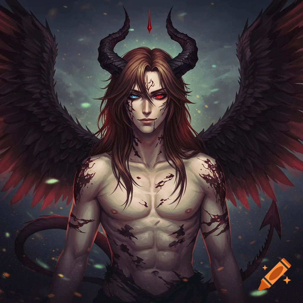 Anime male with long brown hair, red and blue eyes, black horns, a single black wing, and a dragon tail, standing shirtless with black markings.