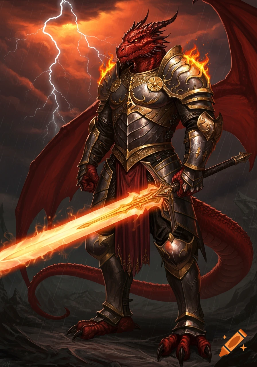 A powerful red dragonborn paladin in shining armor holds a glowing sword under a stormy, lightning-filled sky.