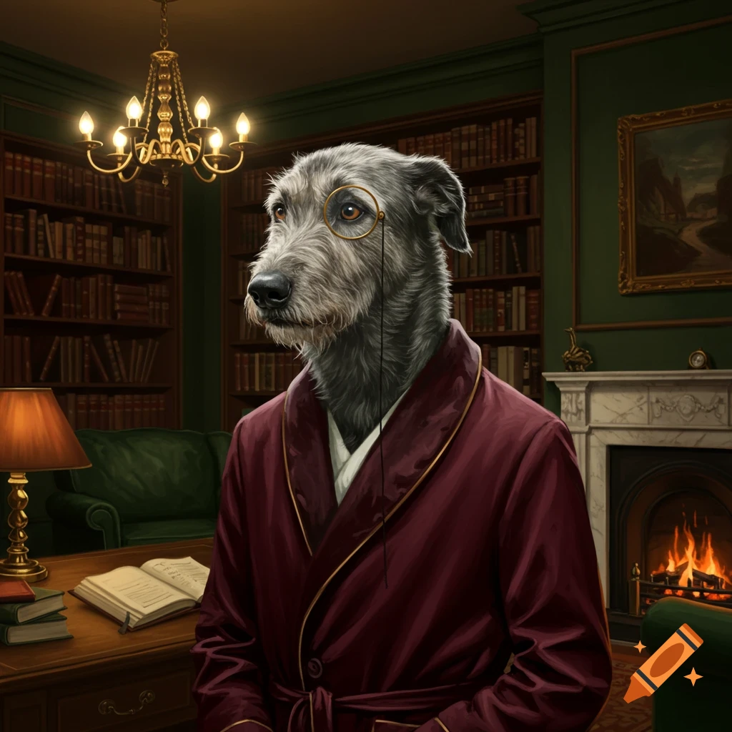 An Irish Wolfhound in a maroon robe and monocle stands in a dimly lit library with bookshelves and a fireplace.