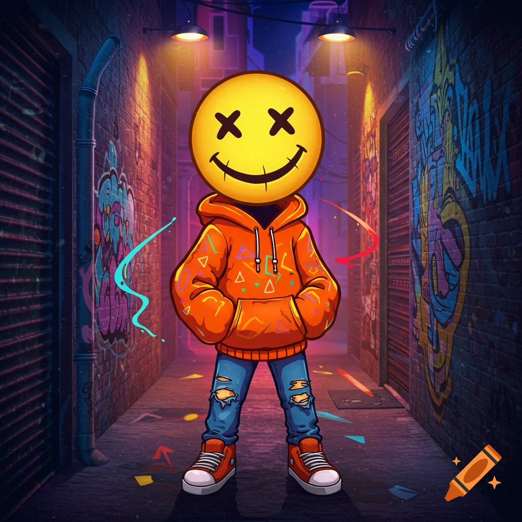 Cartoon character with yellow emoji head and X eyes, wearing an orange hoodie and ripped jeans in a graffiti-filled alley.