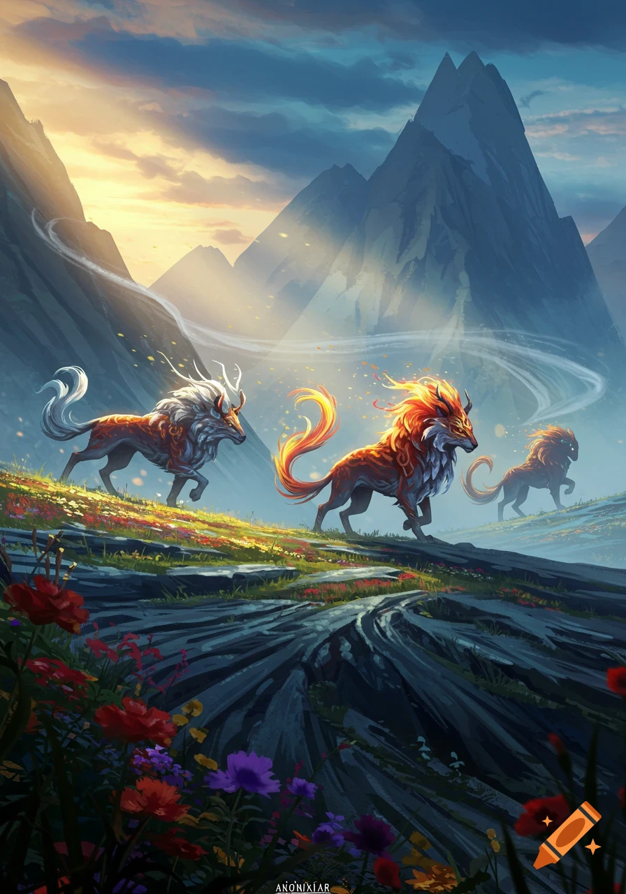 Three mythical lion-like creatures with fiery and icy manes traverse a colorful, flower-dotted mountain landscape at sunset.